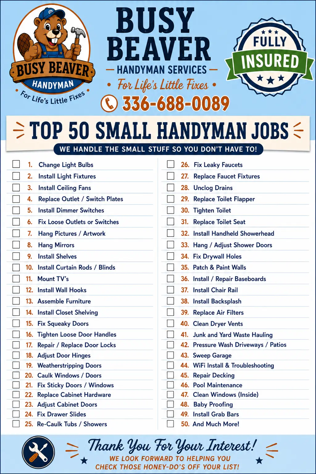 Top 50 small handyman jobs checklist from Busy Beaver Handyman Services in Jamestown NC